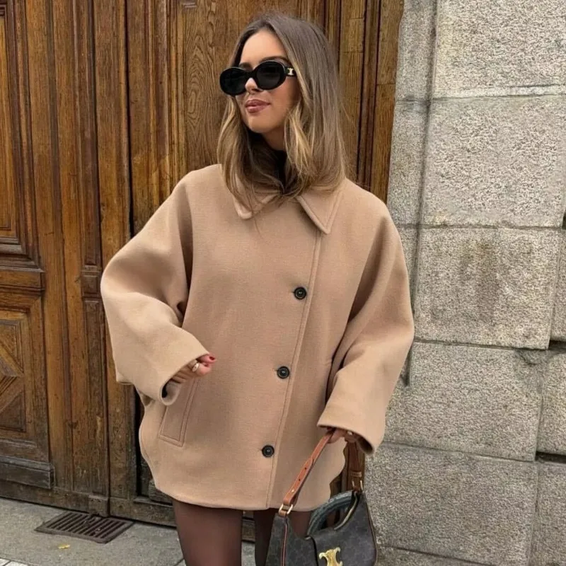 

Autumn and Winter New Casual Simple American Street Fashion Loose Lapel Long-sleeved Woolen Coat Jacket Women's Clothing