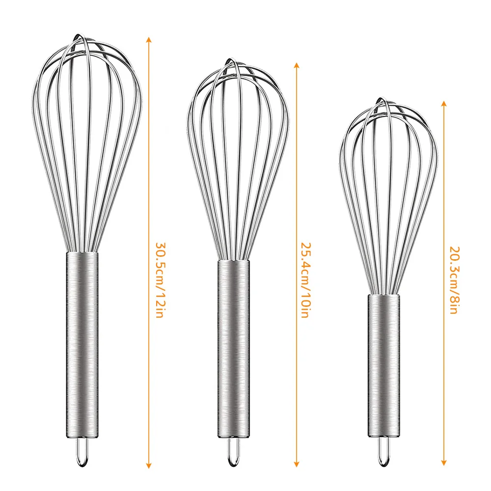 3Pcs Stainless Steel Whisk Set 6 Wire Whisks 8/10/12 Inch Kitchen Balloon Whisks with Stainless Grip Manual Egg Beater Blender