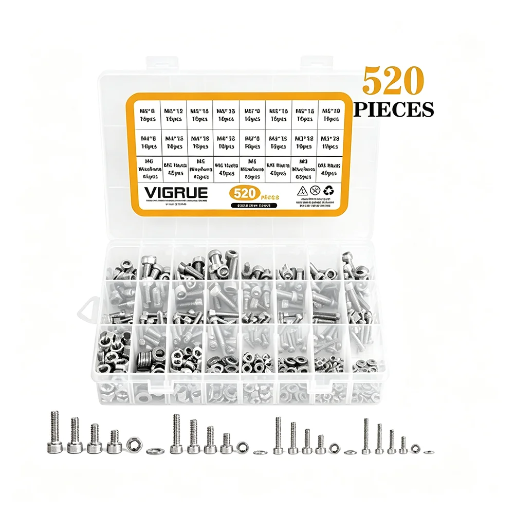 520pcs 304Stainless Steel Hex Socket Nut & Bolt Set Durable M3M4M5M6 Sizes Includes Flat Washer for Secure Fastening DIY Project