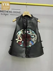 Chinese Style Women Stand Collar Floral Embroidery Vest Single Breasted Sleeveless Jacket Sheepskin Genuine Leather Waistcoat