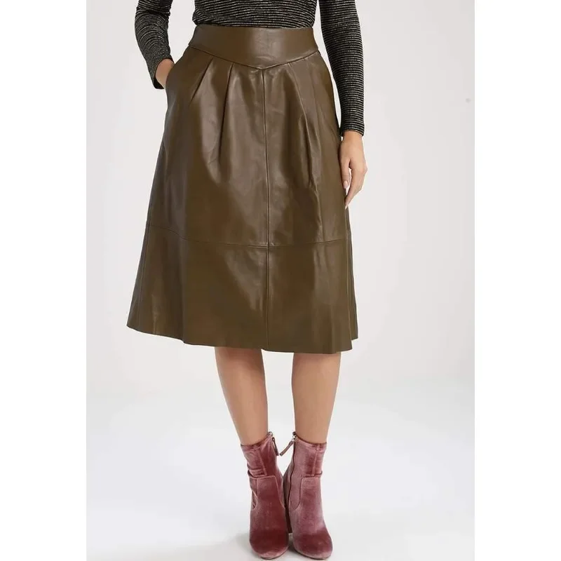 Women's Authentic Genuine Leather Sheepskin Skirt Mid Knee Fashion Flare Soft Skirt