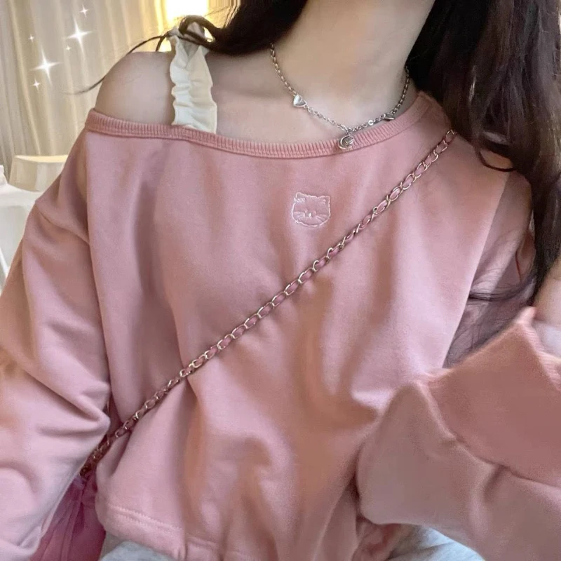 Sweatshirts Women Embroidery Irregular Off Shoulder Japanese Style Sweet Loose Casual Simple All-match Fashion Ulzzang Classic