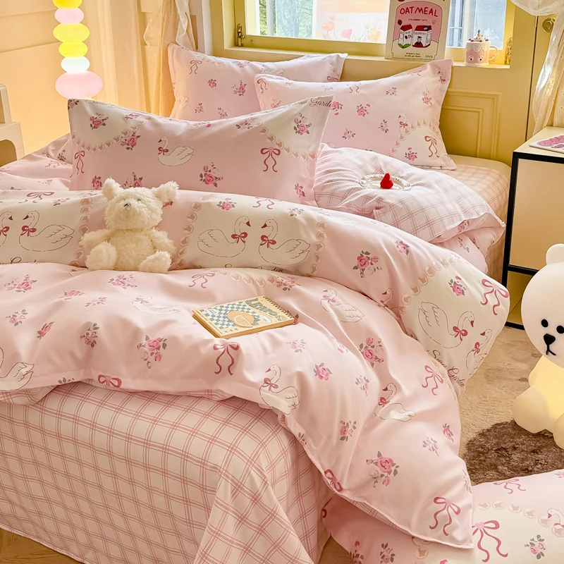 Romantic Rose Floral Duvet Cover Kawaii Cartoon Swan Bedding Set Reversible Quilt Cover + Pink Plaid Flat Sheet + 1/2 Pillowcase
