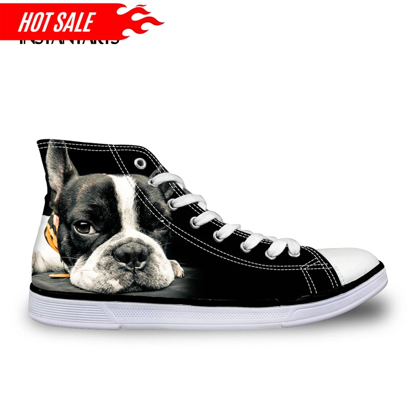 2021 Fashion High-Top Canvas Shoes for Women Cute 3D Black French Bulldog Flat Shoes Ladies Lace-up Vulcanized Shoes