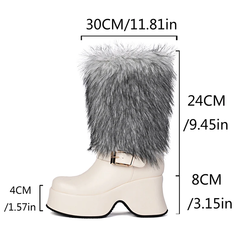 Botas de nieve de felpa cálidas de piel sintética para mujer, zapatos occidentales para clima frío, cuñas de plataforma, tacones altos, botas góticas rusas de lujo a media pantorrilla