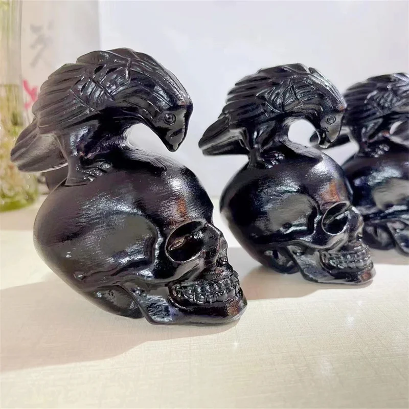 10cm Natural Black Obsidian Crow Skull Carving Wicca Altar Decor Carved Raven Figurine Healing Quartz Halloween Gift