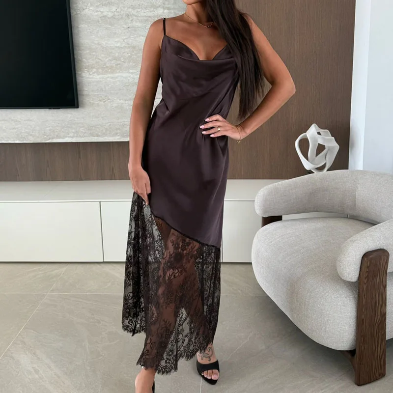 セクシーなノースリーブハイウエストイブニングドレス女性ファッションレースパッチワークソリッドロングドレスエレガントなVネックサテンサスペンダードレス