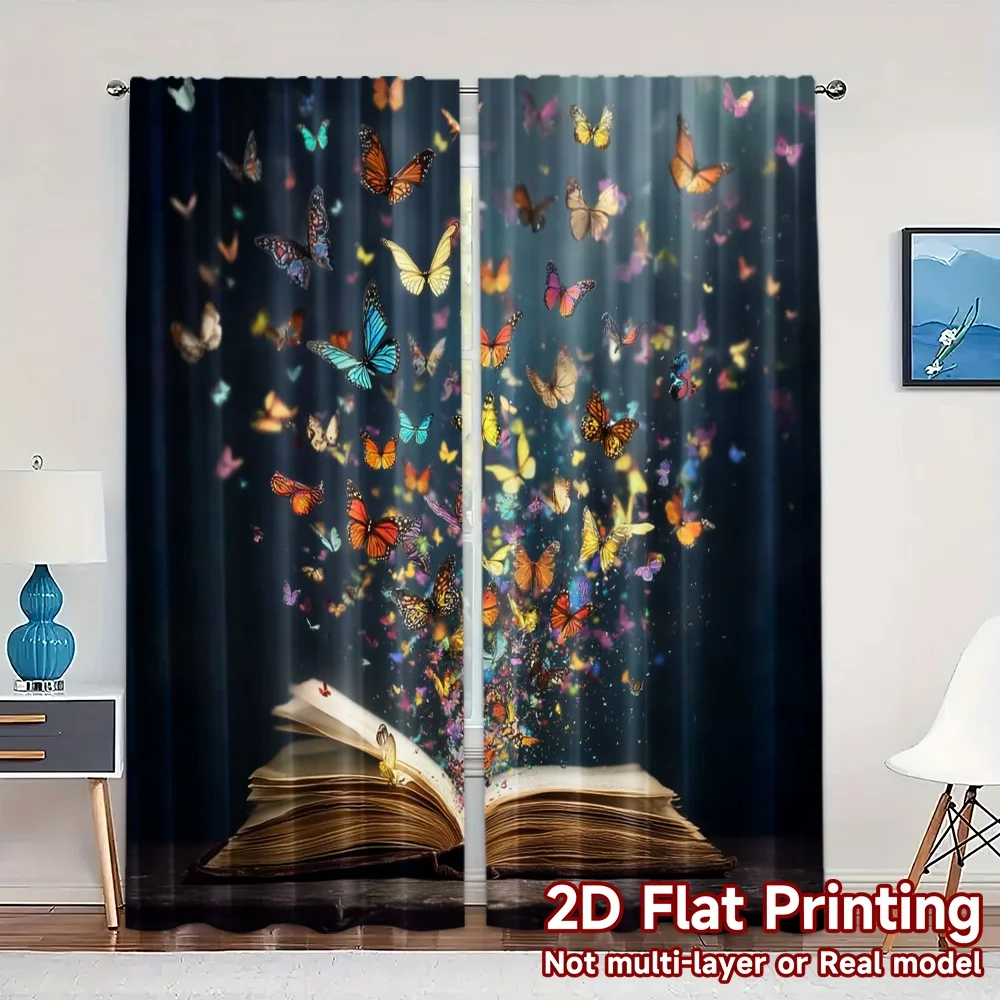 2pcs, 2D FLAT PRINTING Curtains (Without Rod) Butterfly Tales Light Filtering Chic Curtains Polyester Curtains Decorations