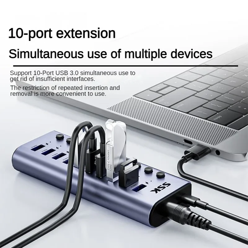 Imagem -02 - Ssk-alumínio Usb c Hub Splitter Socket Split Switch Dock On-off Key 12v Adaptador de Alimentação para Macbook Phone Splitter Port 10 Port