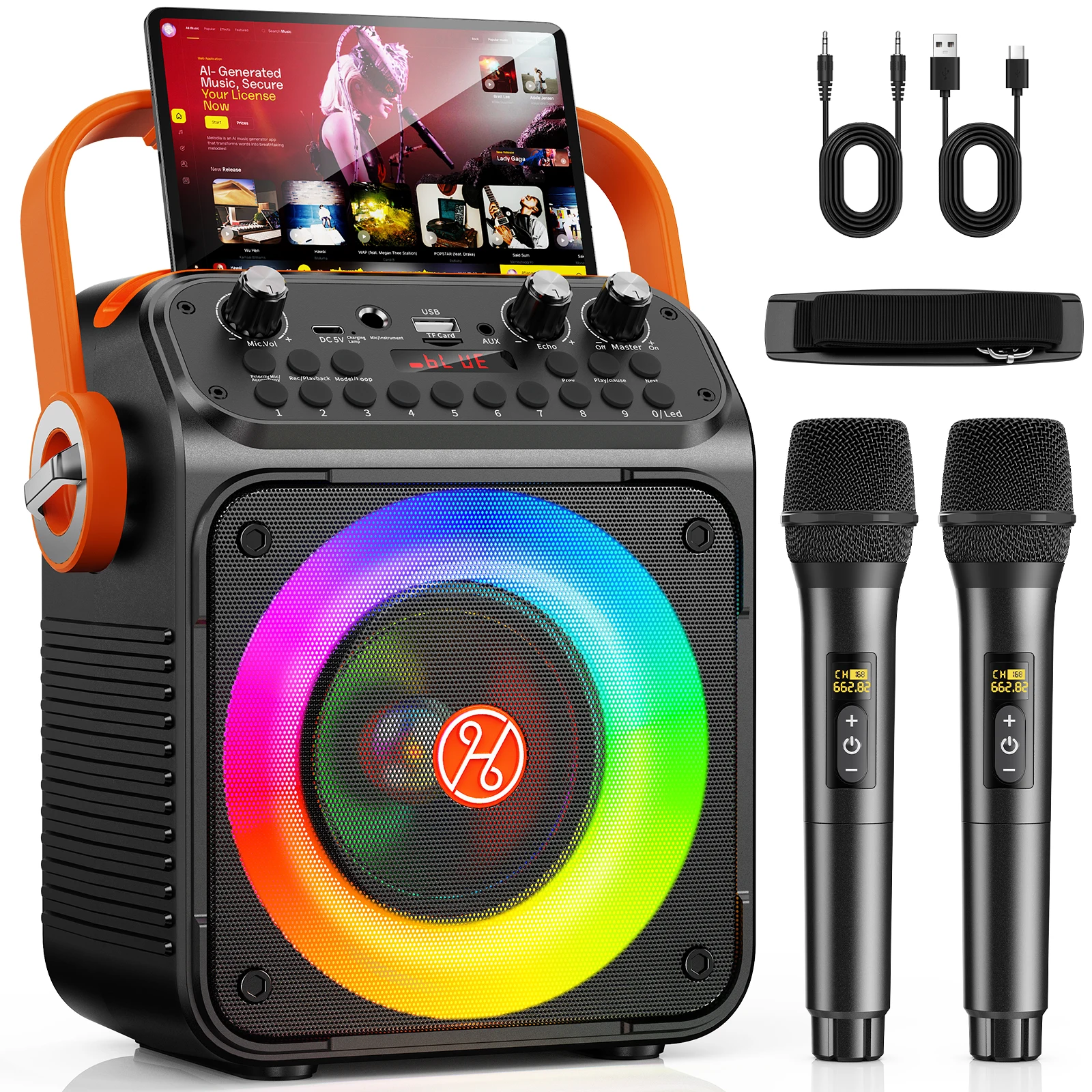 Karaoke-Maschine, Tragbarer Bluetooth-Karaoke-Lautsprecher mit 2 Kabellosen Mikrofonen für Erwachsene, LED-Lichter, Unterstützt USB/TF/REC/FM/AUX