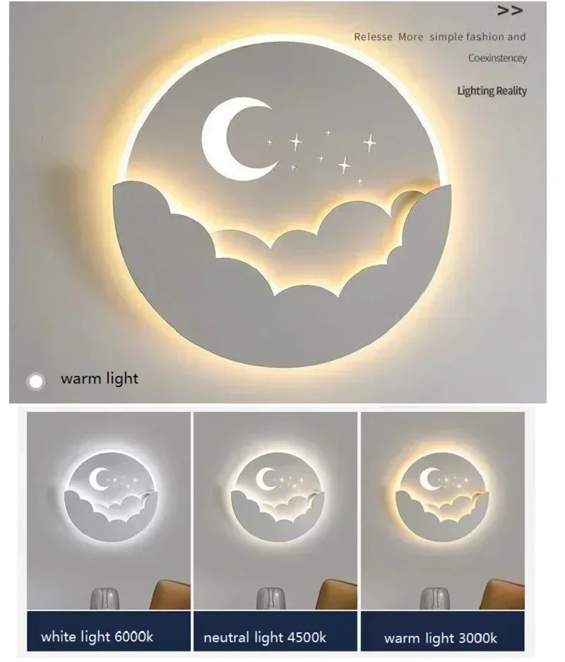 Lámpara LED de pared para dormitorio, luz colgante con forma de nube, estrellas, Luna, mesita de noche, habitación de niños, Fondo de TV creativo, escalera y pasillo