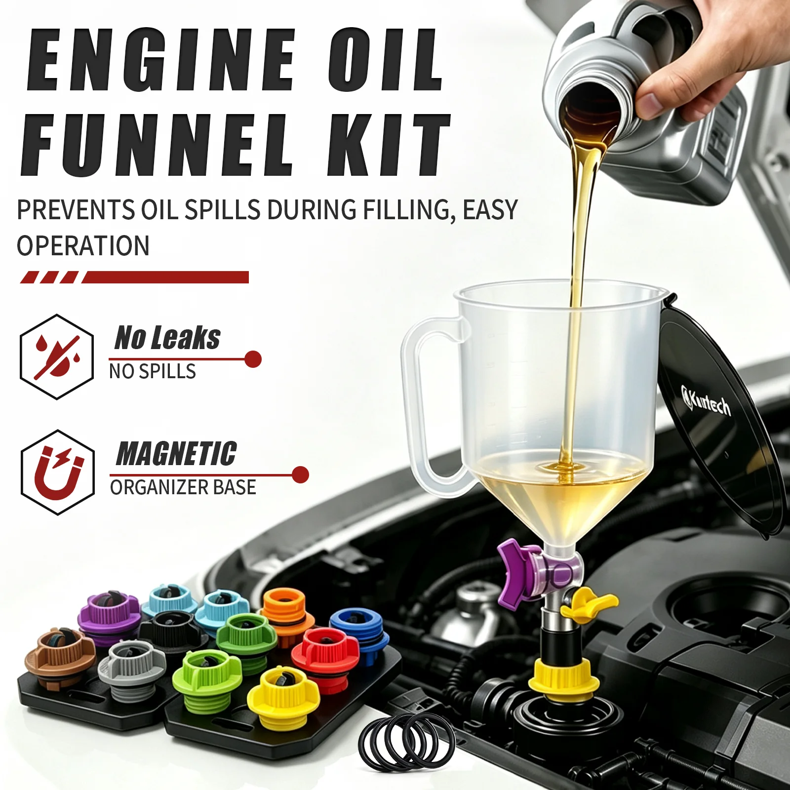 15Pcs Engine Oil Funnel Kit with Adapters, Transparent Spill-Free Oil Filling Tool for Car Oil Change Garage Mechanic Universal