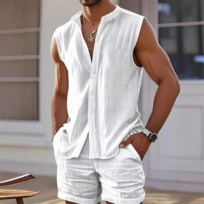 

2025 New Men's Vest Shirt, Sleeveless Top and Shorts Plaid Two-Piece Set, Casual Trendy Sleeveless Shorts Hawaiian Beach Set