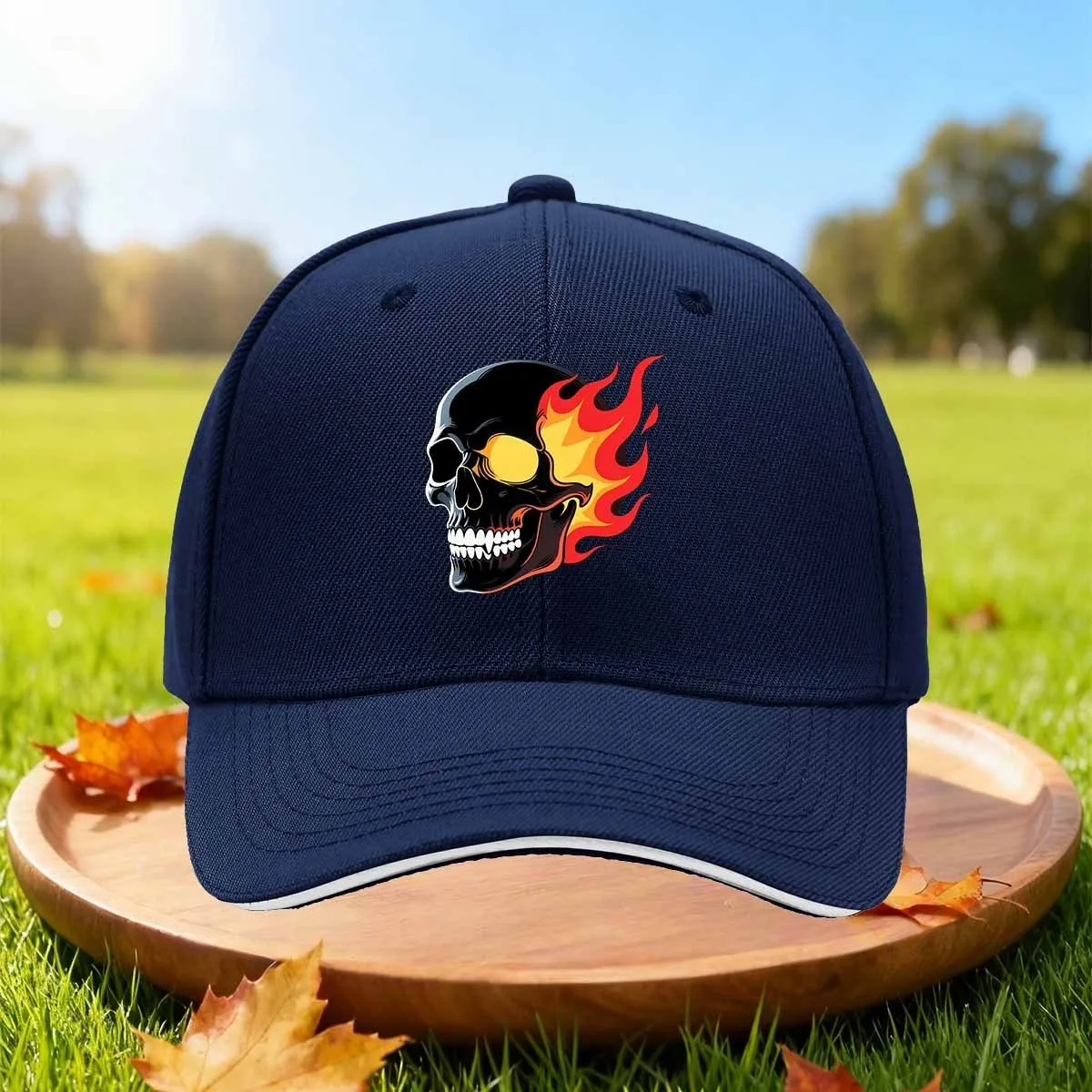 Skull Flame Fire Graphic Baseball Cap Adjustable Polyester Outdoor Sports Casual Curved Brim Hat