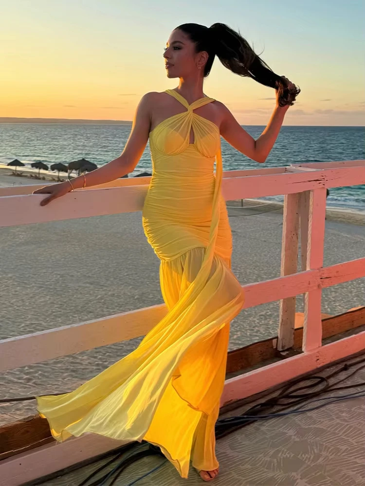 Women Sexy Sleeveless Mesh Yellow Maxi Long Badycon Dress 2024 Celebrity Elegant Birthday Party Evening Club Vestido Clothing