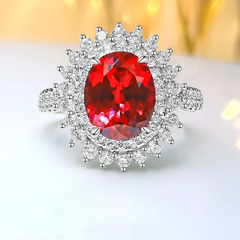 

Simple 925 Sterling Silver Egg Shaped Red Treasure Ring Set with High Carbon Diamond Elegant Engagement Jewelry