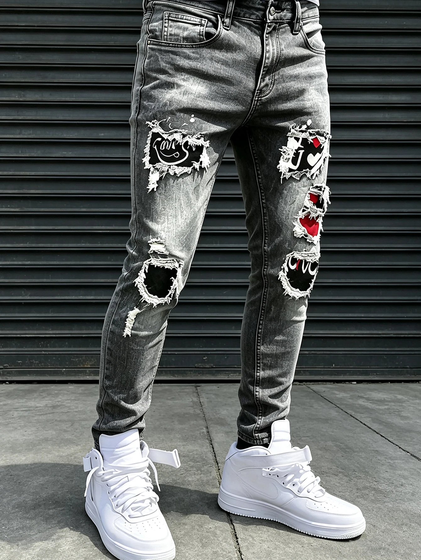 Men's jeans, street hip-hop style graffiti, ripped jeans, distressed washed, slimming, slimming, multifunctional casual versatile slim pants