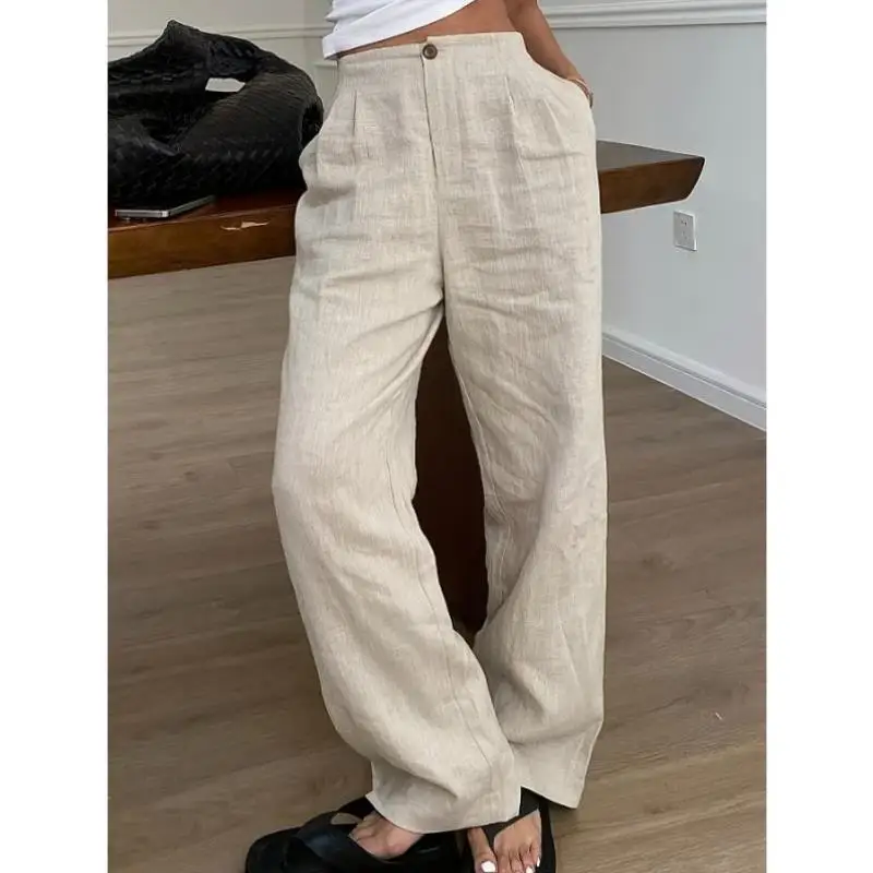 กางเกงผ้าลินินลำลองทรงตรงสำหรับผู้หญิง สไตล์ใหม่ล่าสุดสำหรับฤดูใบไม้ร่วง ไม่มีซิป