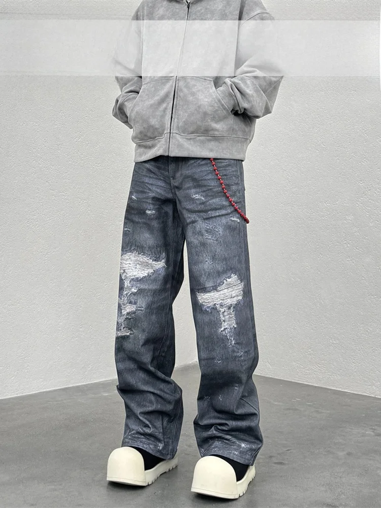 

KISSNATE American Street Sle Men's Jeans Worn Waed 3D Digital Print Hole Folded Straight Leg Denim Breathable Casual Trou...