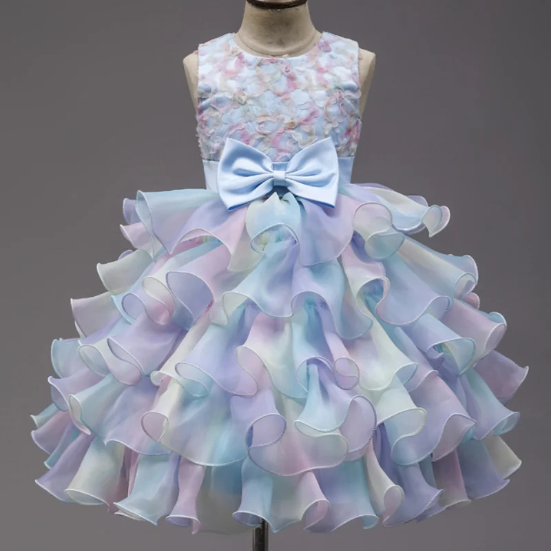 Summer New Wedding Flower Girl Birthday Party Rainbow Bow Fluffy Skirt Christmas School Stage Drama Mesh Performance Dress