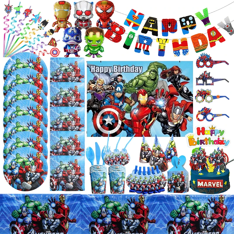 Avengers Birthday Party Decorations Superhero Theme Tableware Paper Plates Cups Backdrop Digit Balloons Supplies Baby Kids Gifts