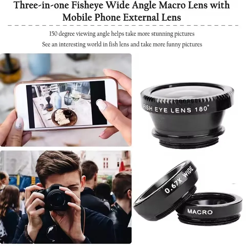 Lensa Ponsel 3 In 1 0,67X Zoom Sudut Lebar Kit Kamera Lensa Makro Mata Ikan untuk Lensa Eksternal Ponsel iPhone 16 Xiaomi Huawei