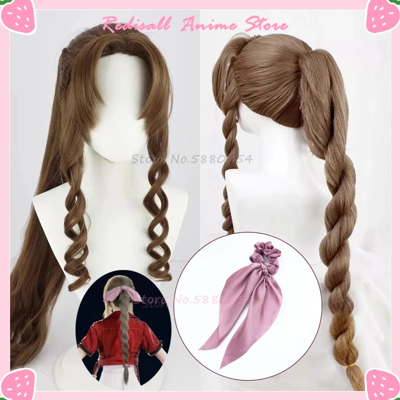 Aerith Gainsborough Cosplay Wig Braided Ponytail Pink Bowtie Ribbon FF7 Curly Hair Heat Resistant Game Headwear