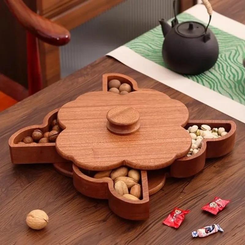 Premium Solid Wood Compartment Candy Dish Luxury Nut Holder Tray New Chinese Style Snack Organizer Home Decor Storage Box