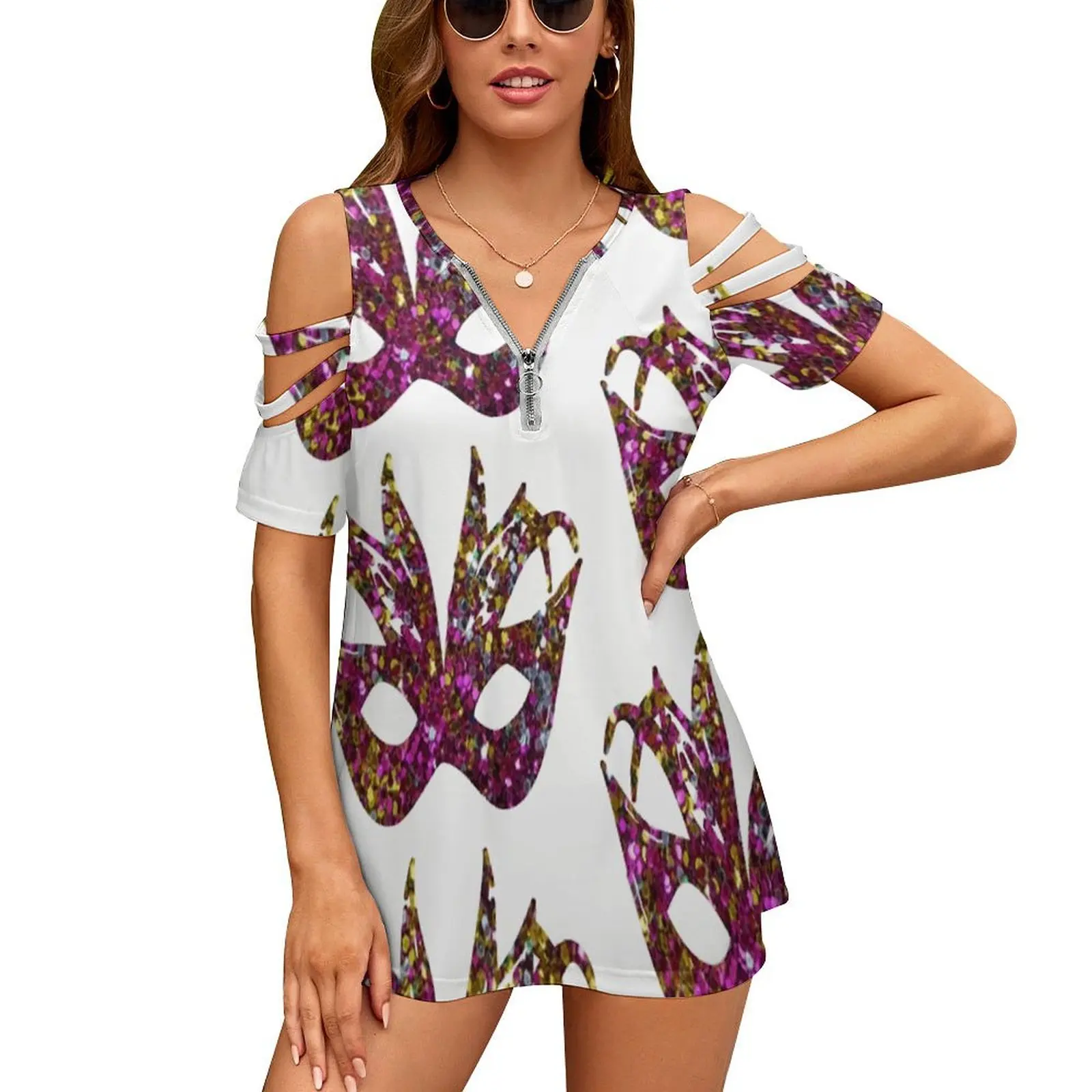 Rainbow Glitter Mardi Gras Mask New Fashion Zip Off Shoulder Top Short-Sleeve Women Shirt Mardi Gras Mardi Gras Glitter Mardi