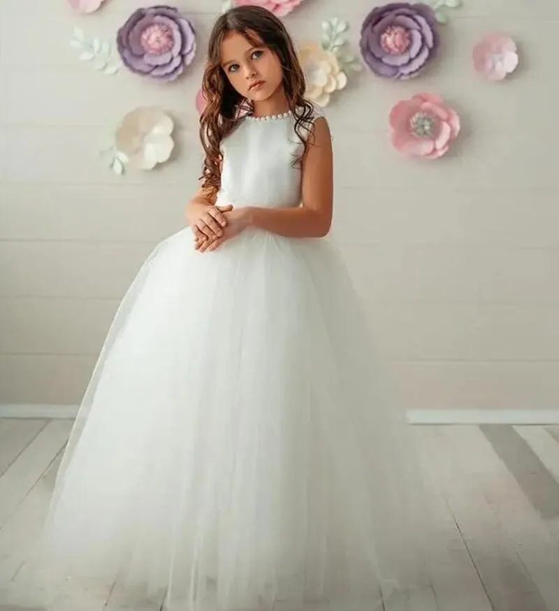 

New Puffy Tulle Pearls Girls Dresses with Bow Flower Girl Dress for Wedding Girls Pageant Gown Size 2-14Y