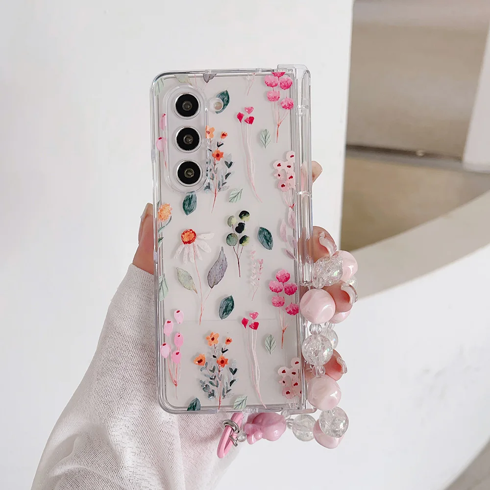 

For Samsung Galaxy Z Fold 6 5 4 Case Transparent Painted Pattern Folding Hinge Bracelet Shockproof Protection Cover Accessories