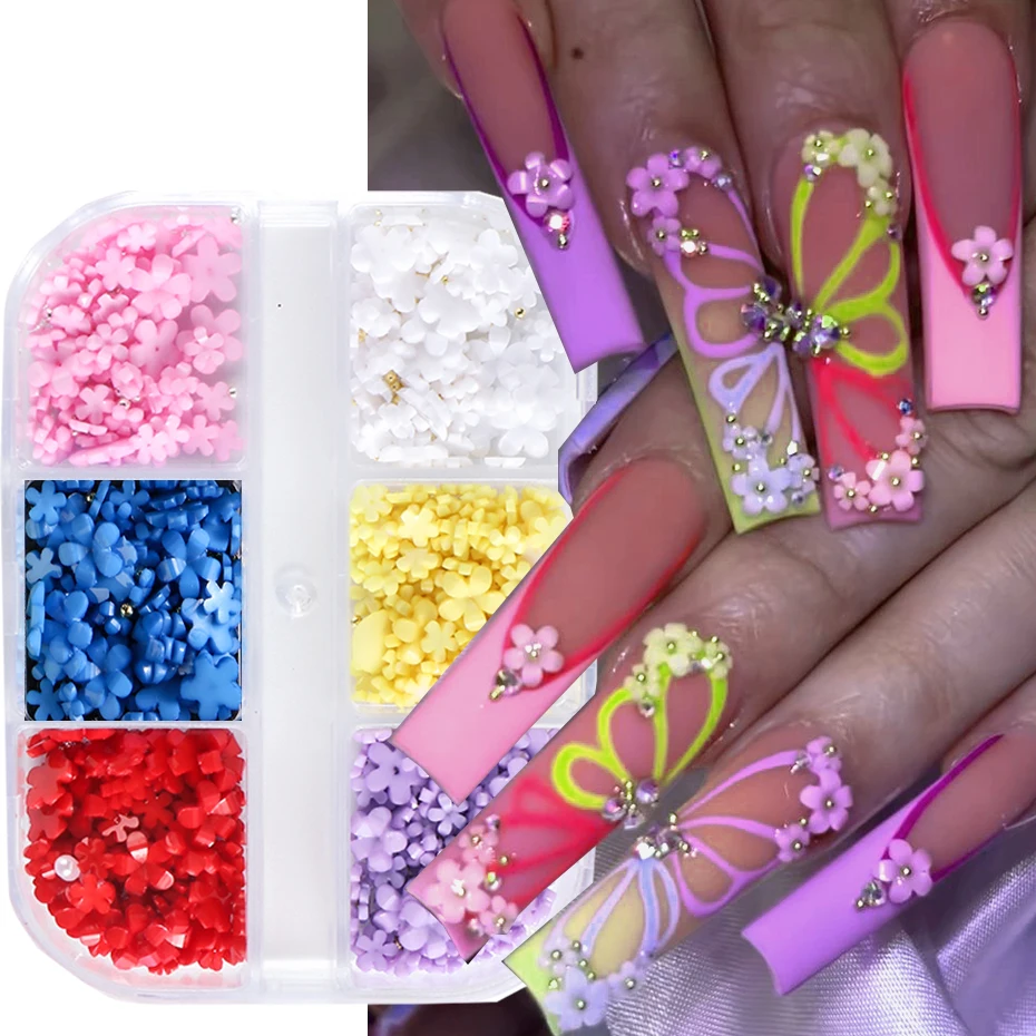 6 Grids Macaron 3D Resin Five-petal Flowers Nail Art Deaoration Mixed Small Nail Ball/Crystal/Flamer Accessories