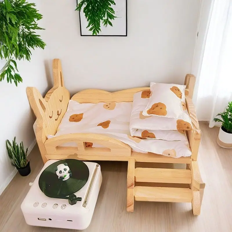 per labubu Cotton Doll Bed 30 cm Set di mobili stile principessa per giochi immaginari Biancheria da letto per bambole Giocattolo per lettino in legno in due pezzi