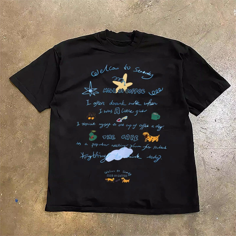 Milk Or Coffee T Shirt Summer Unisex Men Women Hand Drawn Doodle Graffiti Streetwear Matching Couple Tee Tops
