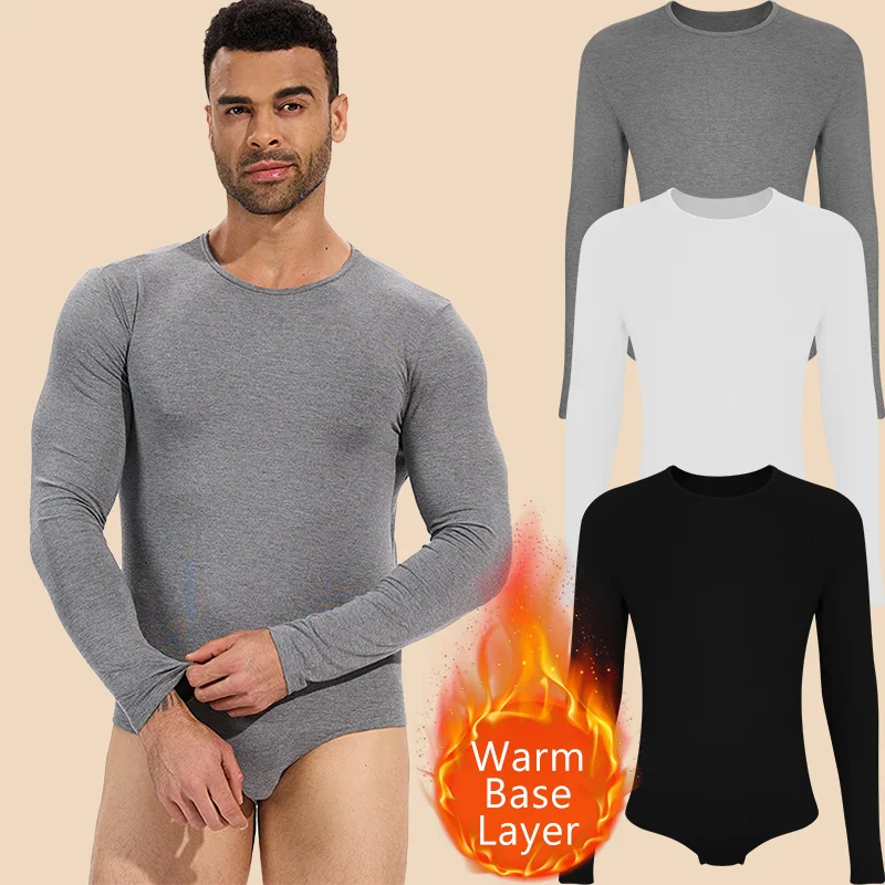 Men's Thermal Underwear Cold Weather Long Sleeve Base Layer Keep Warm Underwear Round Neck Romper Soft Button Crotch Long Johns