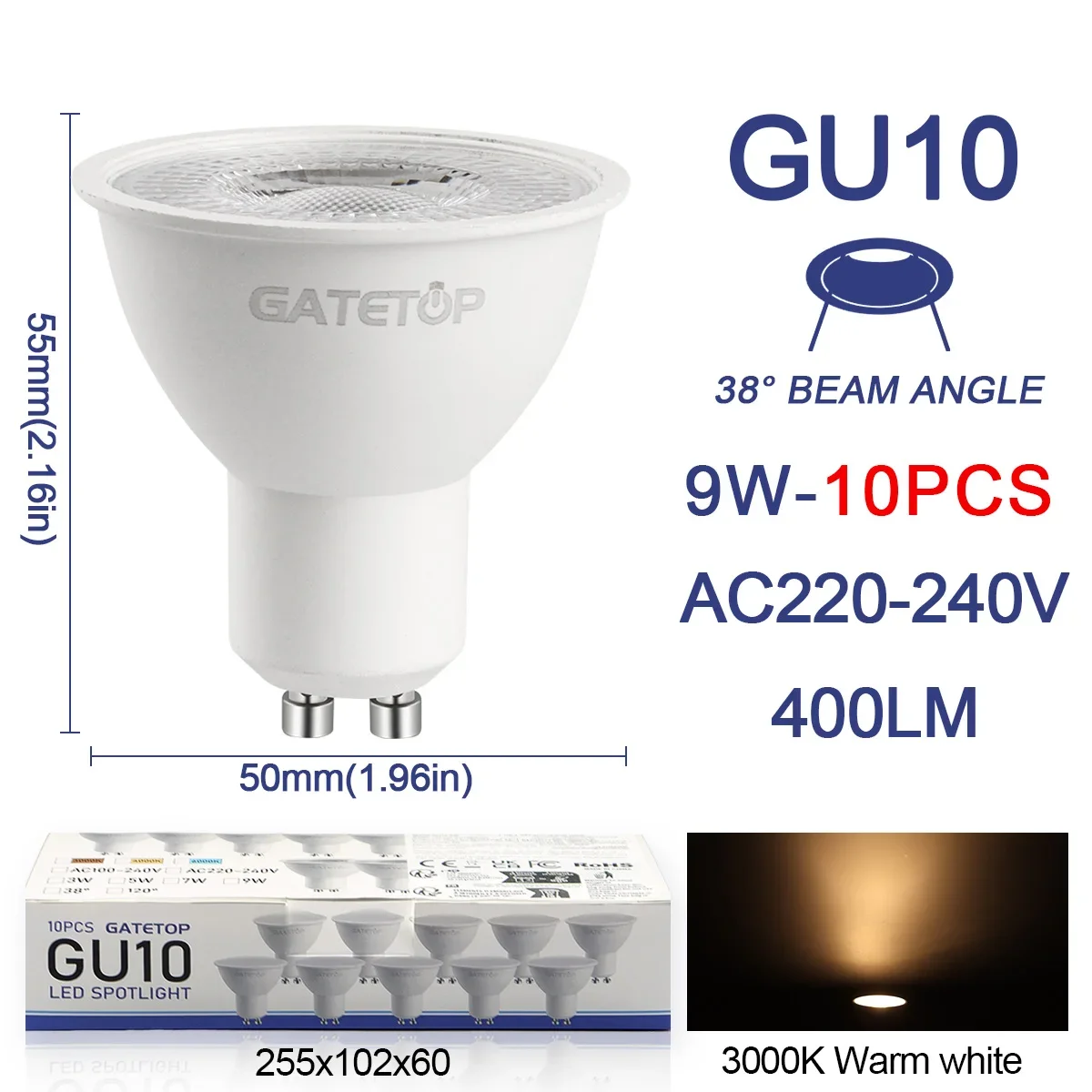 10er-Pack Focos Gu10 Spotlight Lampe 220V LED-Birne Großhandel 9W Weiß Warm 3000K 6000K Geeignet für Wohn- und Gewerbegebäude