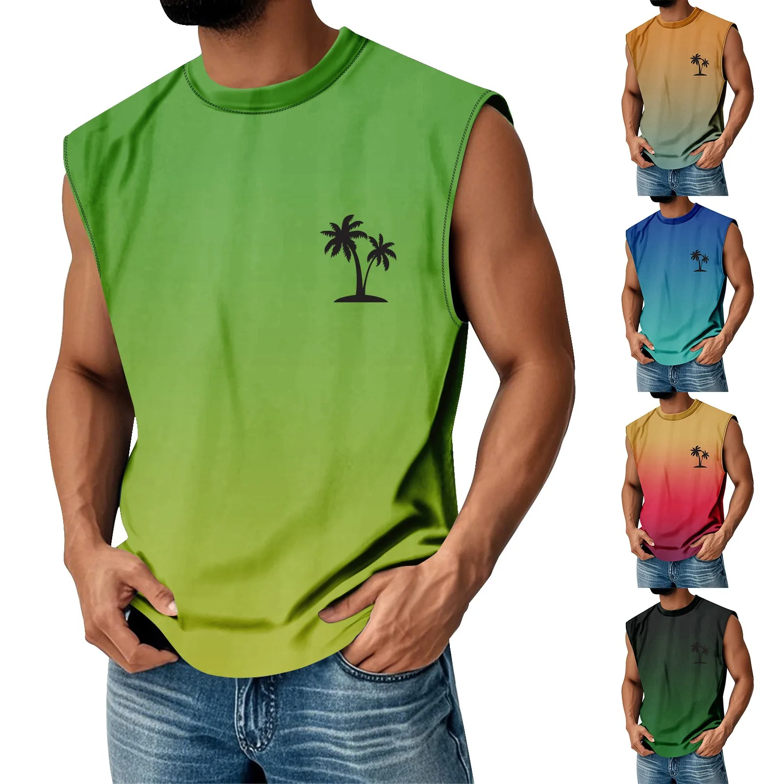 

Fashion Simple Gradient Sleeveless Vest For Men Trend Summer Round Neck Comfort Printed Loose Casual Sportswear
