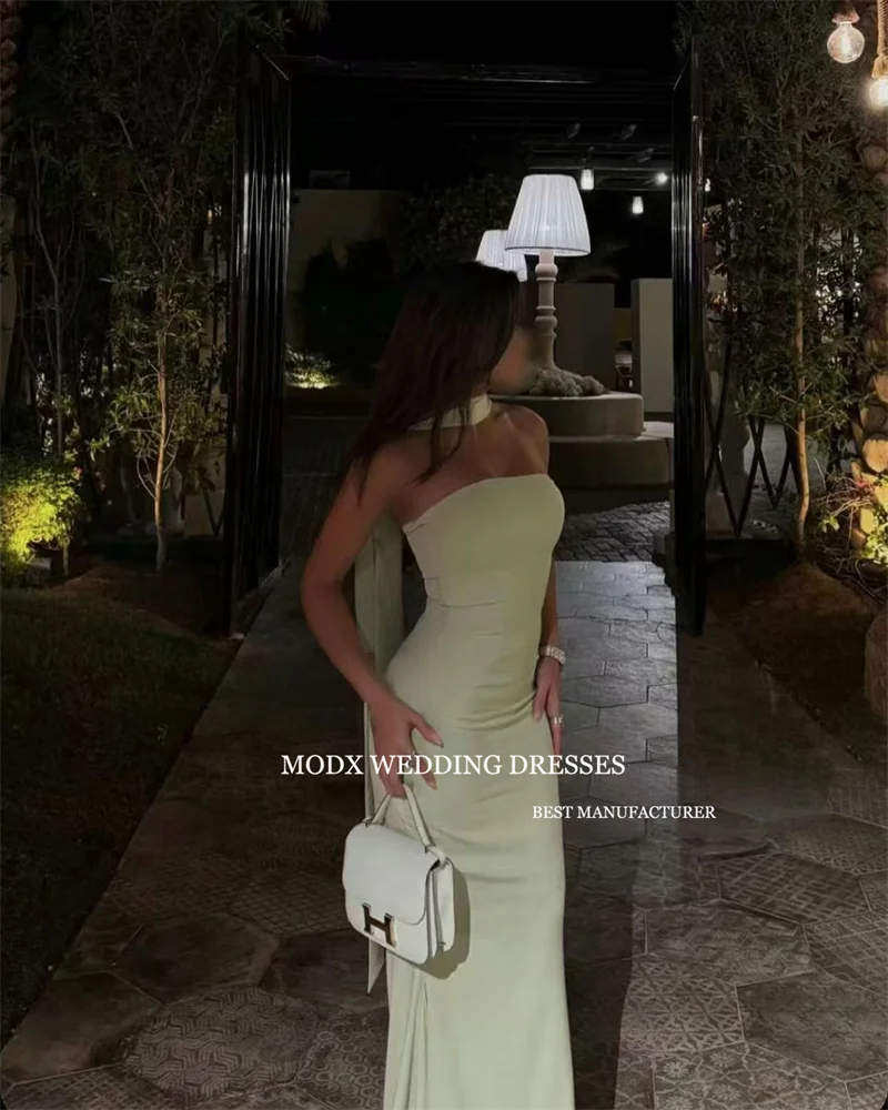 MODX Light Green Formal Evening Dresses Arabic Women Soft Satin Strapless Scalf Floor Length Prom Gowns Vestidos Customized