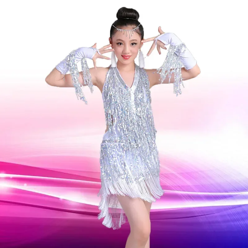 

1 set/lot children's fashion Latin sequin dress girl V-neck tassel dancing dress 4colors