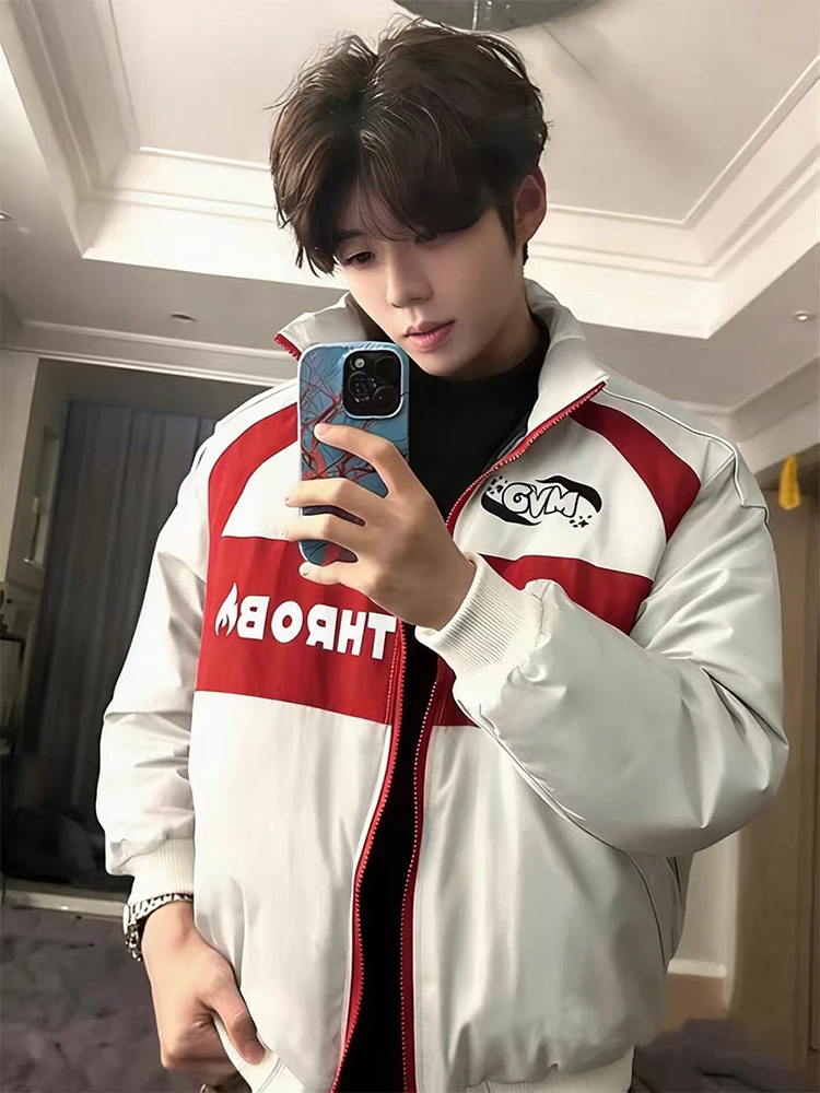 

American Sle Patchwork High Collar down Cotton Jaet Men's Winter ort Workwear Thi Cotton Racing Suit Outerwear