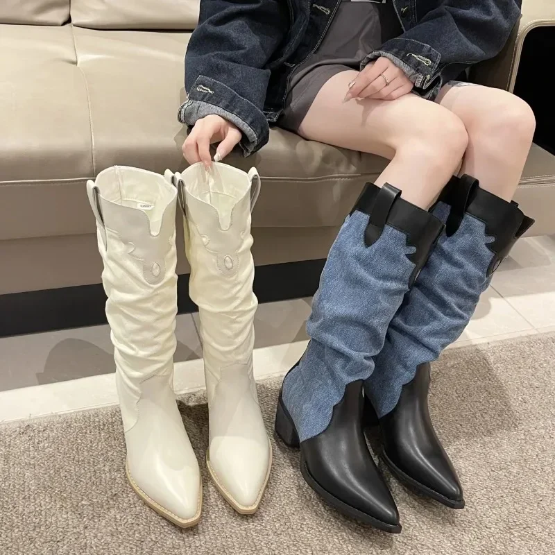 Botas de vaqueiro ocidental para mulheres, dedo apontado, patchwork de costura, salto med, sapatos femininos longos, estilo étnico, outono, inverno, novo, 2023