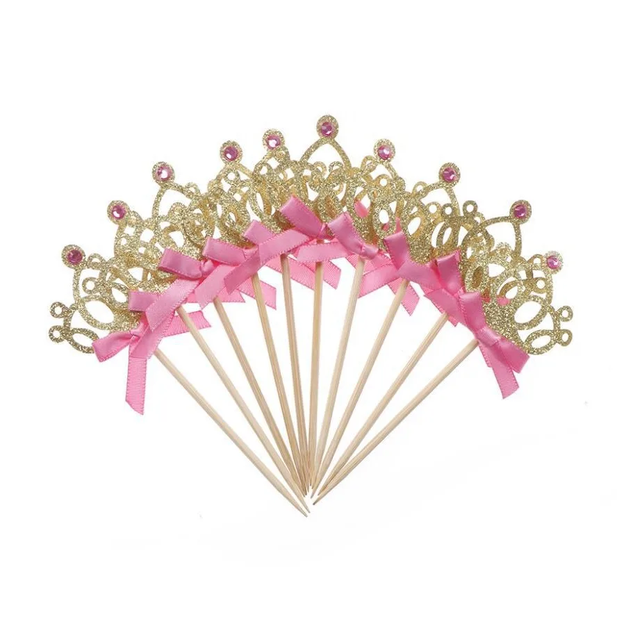 10pcs Stamping Gold Pink Crown Cake Toppers Princess Girl Wedding Happy Birthday Party Decor Dessert Cake Decor Butterfly