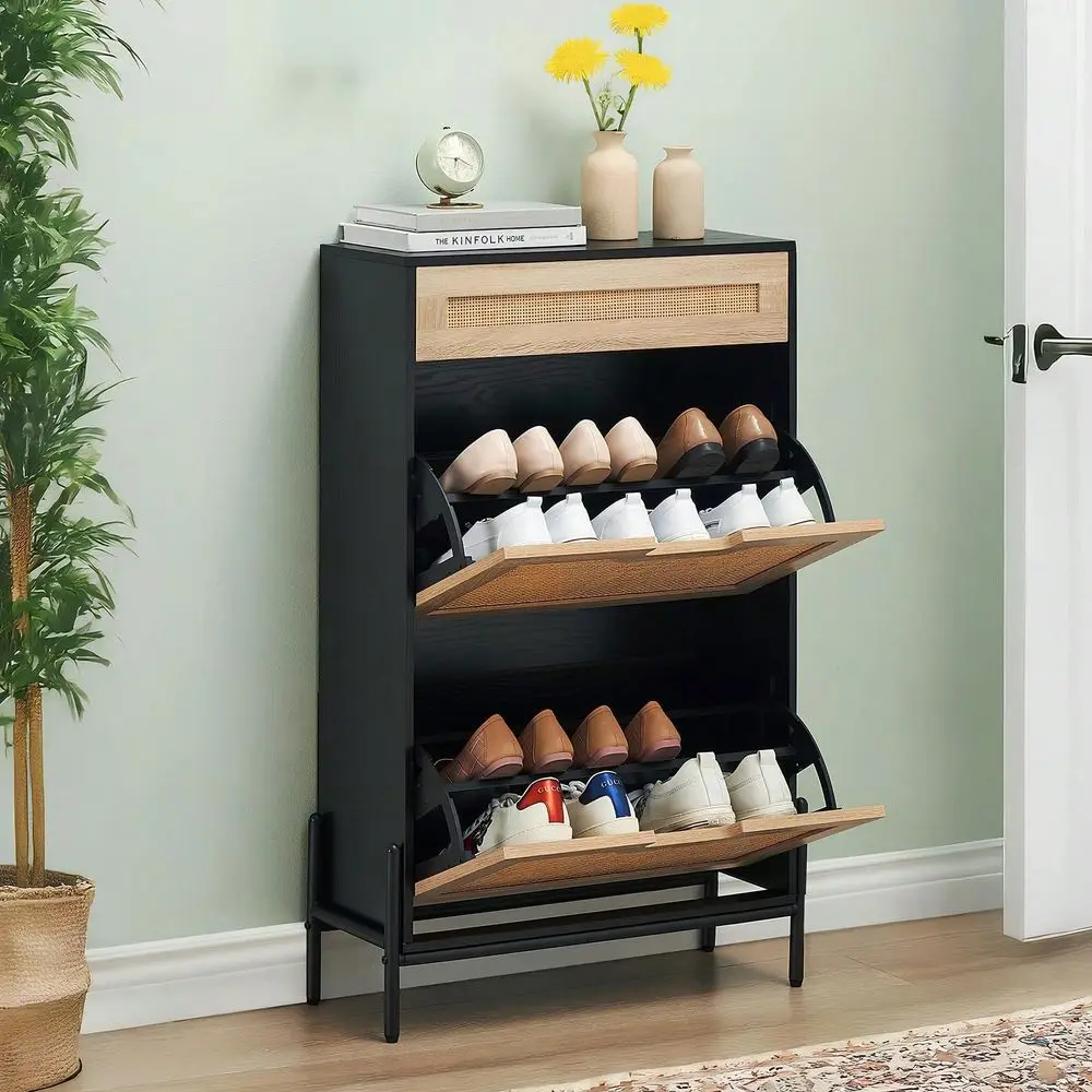 

Shoe Cabinet Storage With 2 Flip Drawers And 1 Drawer,Freestanding Rattan Shoe Organizer, Shoe Rack Storage For Entryway With 3
