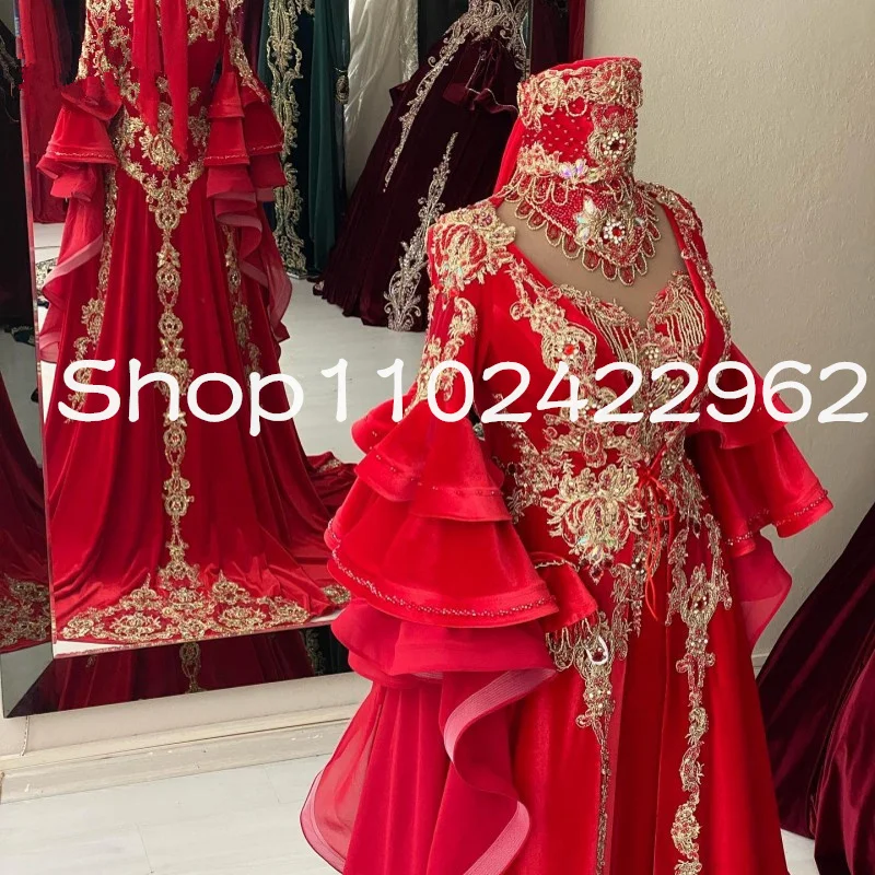 Traditional Moroccan Kaftan Evening Dresses Ruffles Long Sleeves Applqiue Beads Women arabic dubai Caftan Prom Dress