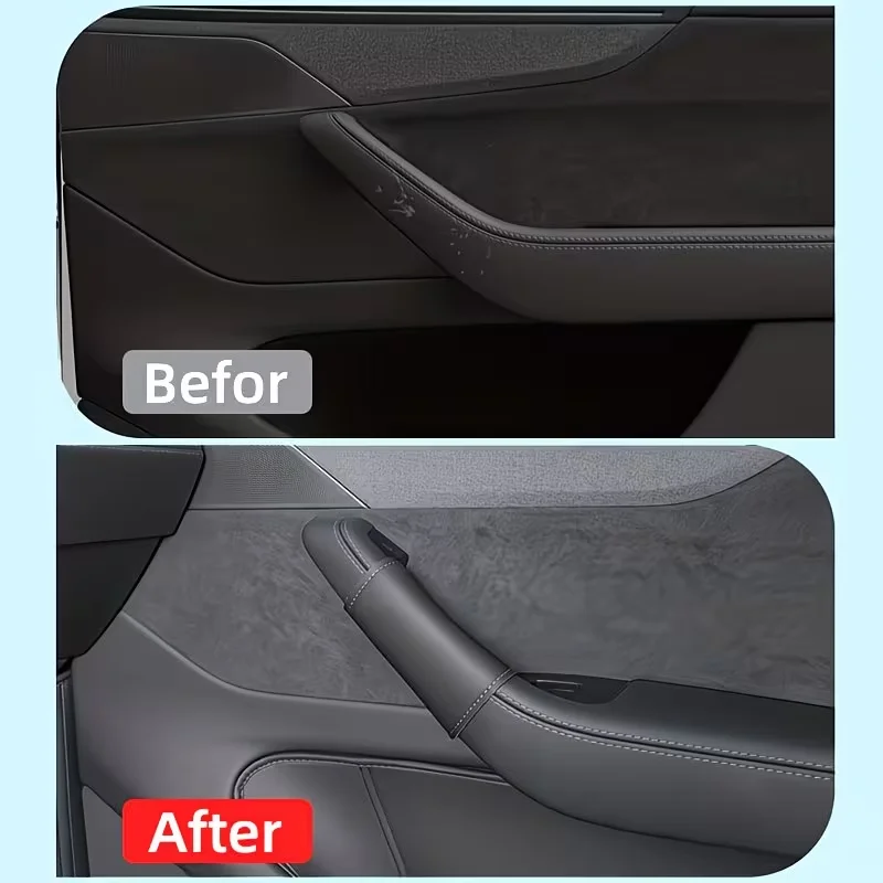 Anti-Scratch Leather-Textured Interior Door Handle Protective Cover, with Velcro Fastening for Repeated Removal and Installation, Compatible with Tesla Model Y Juniper/Model 3 Highland