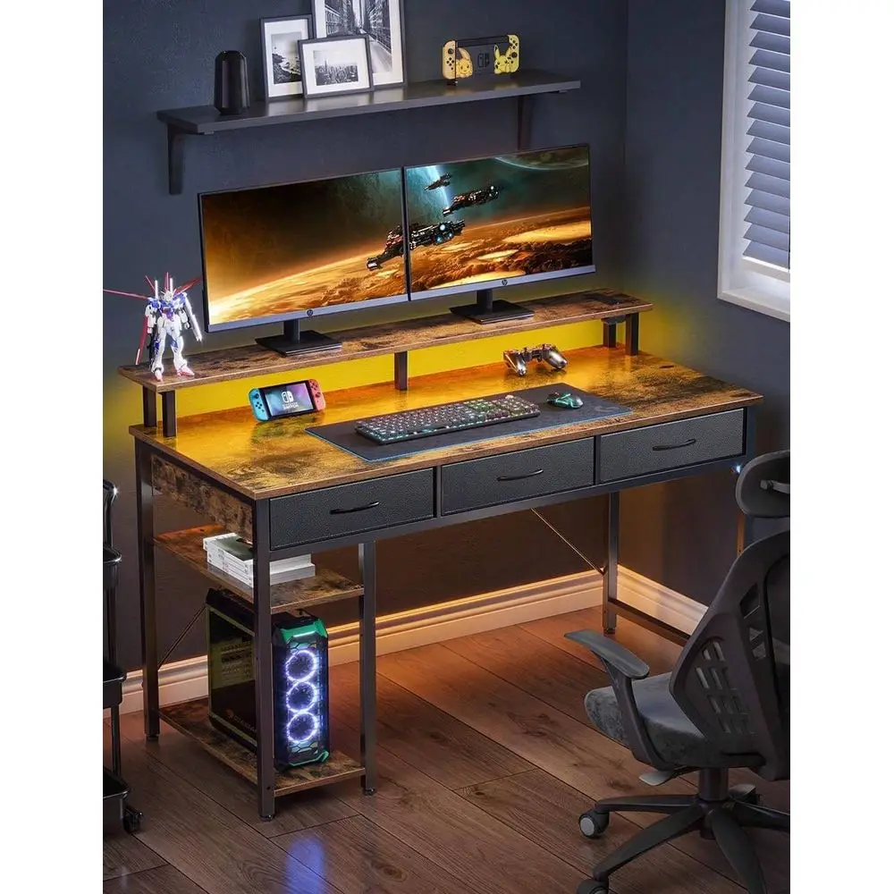 Computer Desk With Power Outlets LED Light, 39 47 55 Inch Home Office Desk With Drawers And Storage Shelves, Writing Desk With