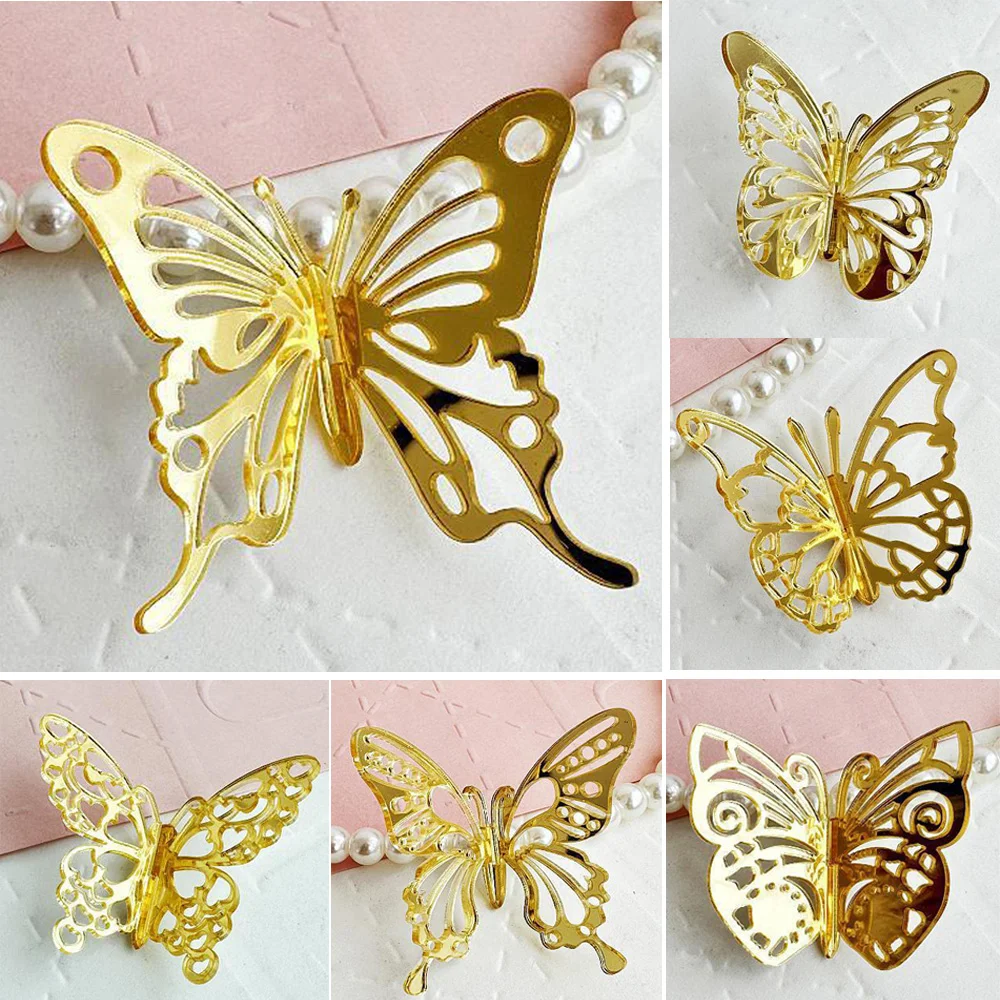 10PCS Acrylic Golden Butterfly Birthday Cake Decoration Baby Shower Cupcake Toppers Cake Decorating Tools Wedding Party Supplies