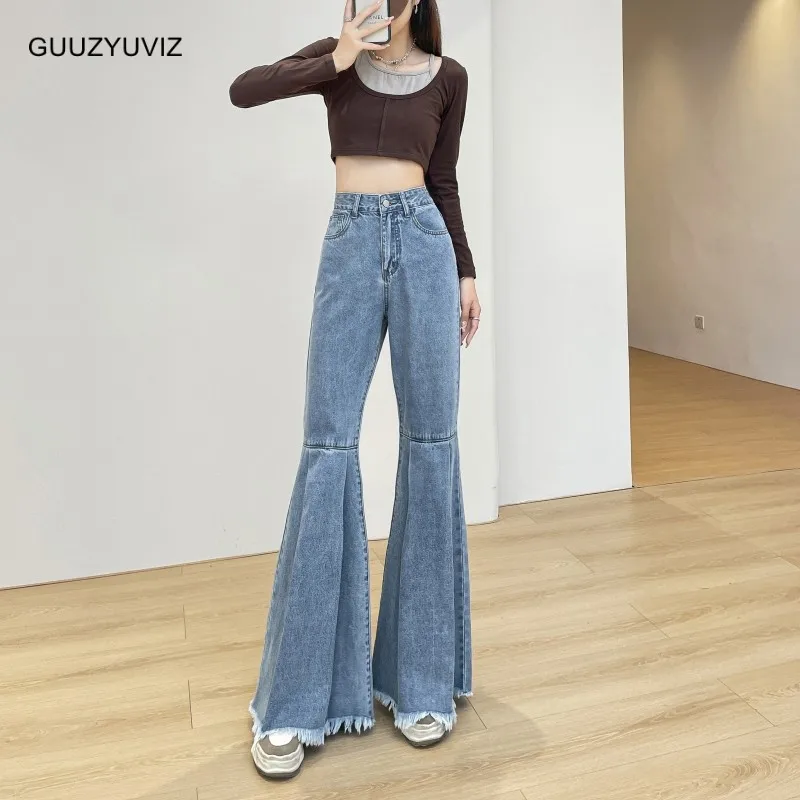 

GUUZYUVIZ Retro Blue Flare Jeans For Women Autumn 2023 New High Waist Slim Vintage Casual