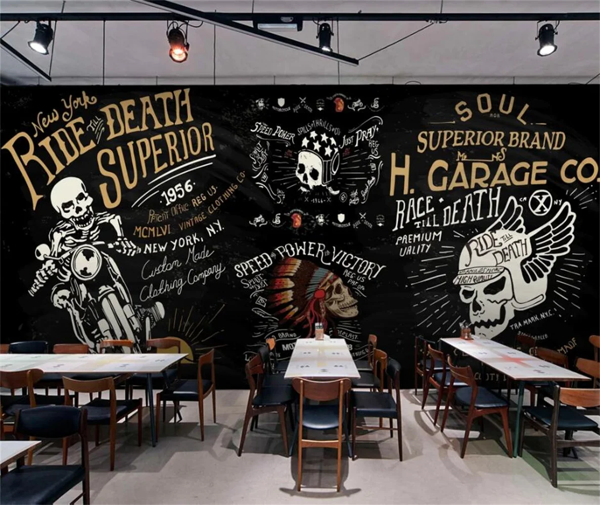 Custom 3D Beibehang Wallpaper European & American Motorcycle Skull Design Bar KTV Background Wall Murals Decorative Paper