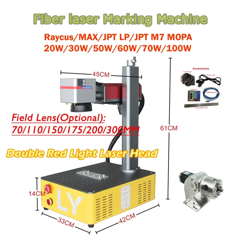 100W JPT Fiber Laser Marking Machine 50W Raycus Metal Engraving Machine with Rotary Axis